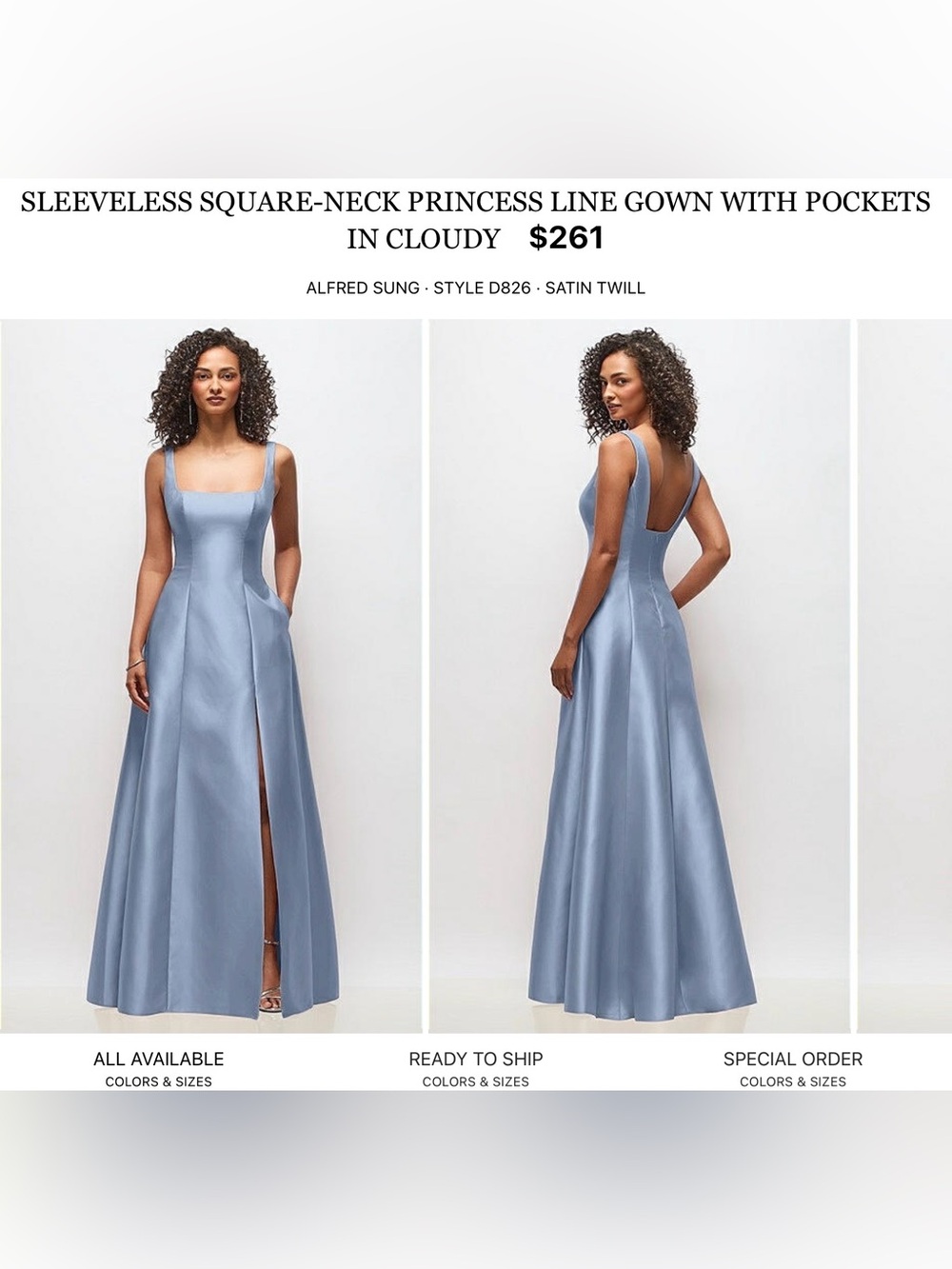 ALFRED SUNG Cloudy Blue Sleeveless Square-Neck Satin Gown